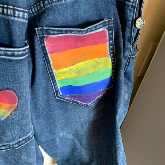 PRIDE Men Jeans Overalls Short Suite One Piece Ripped Jeans SIZE M  RAINBOW - Picture 7 of 11